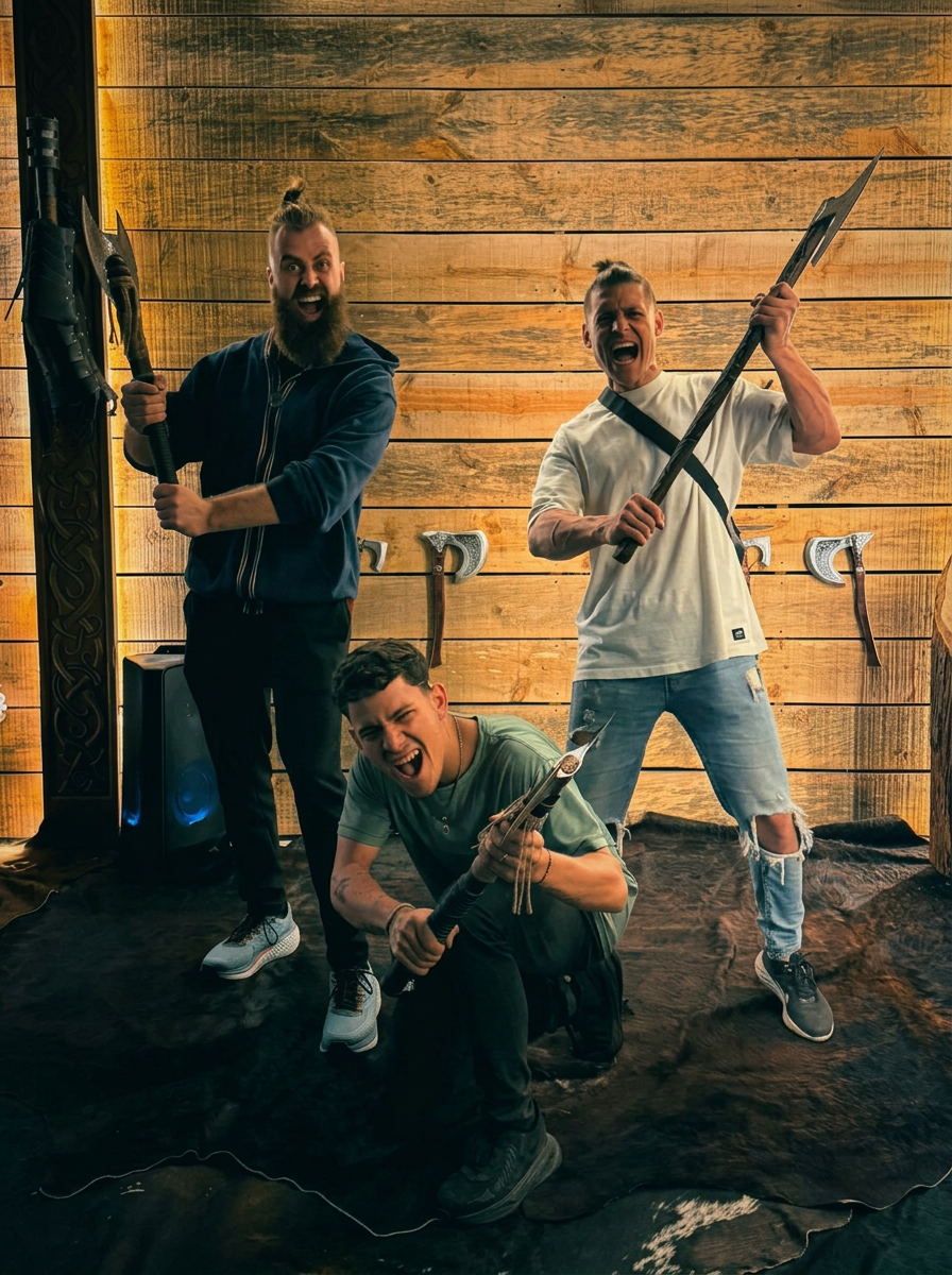 Het team van Valhalla World poseert met Vikingwapens in de speelzaal