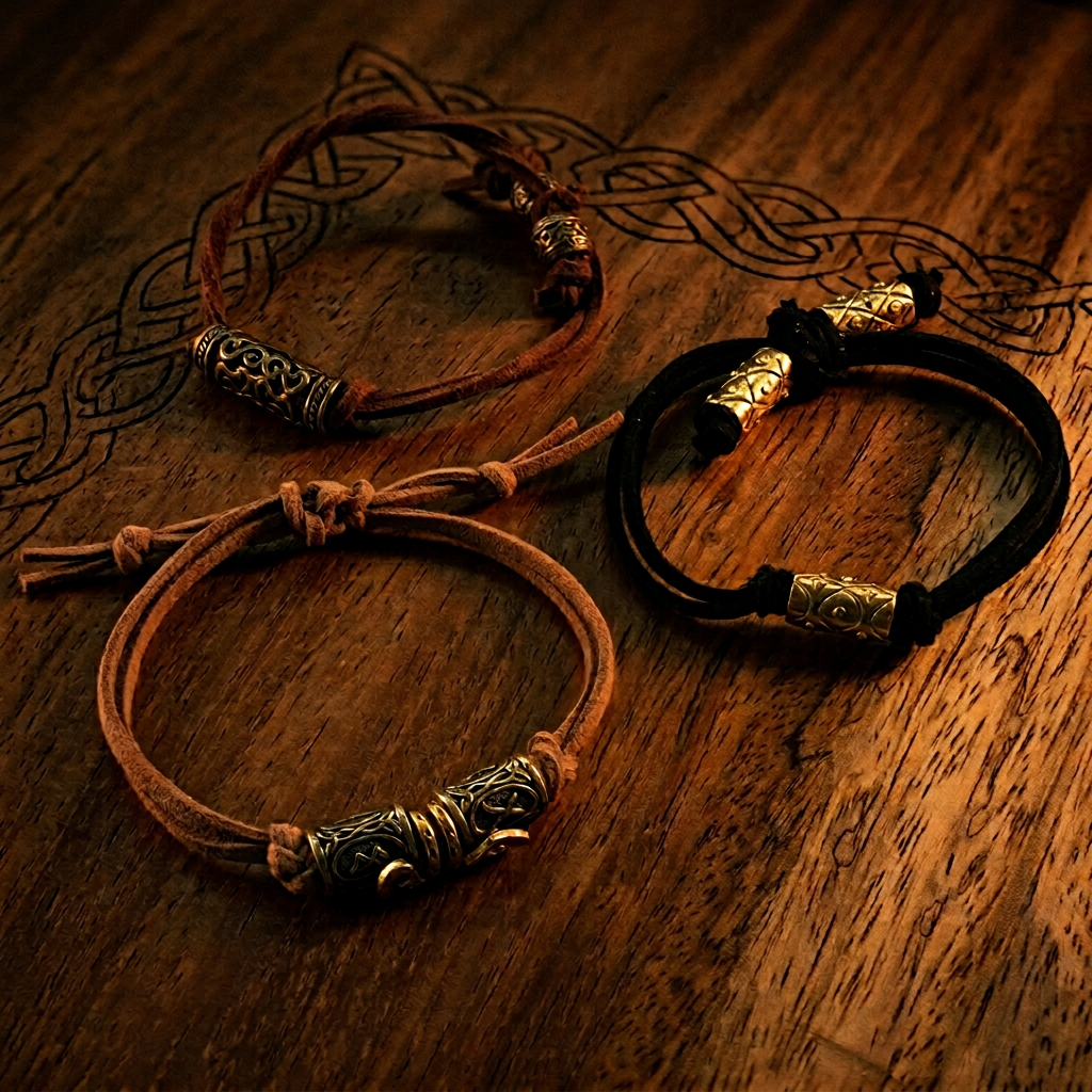 Close-up van handgemaakte Viking-armbanden met suède koord en kleine bronzen versieringen