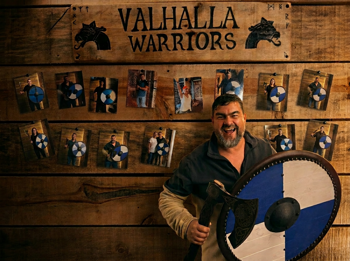 De Muur van de Valhalla-krijgers met foto's en Vikingbijlen